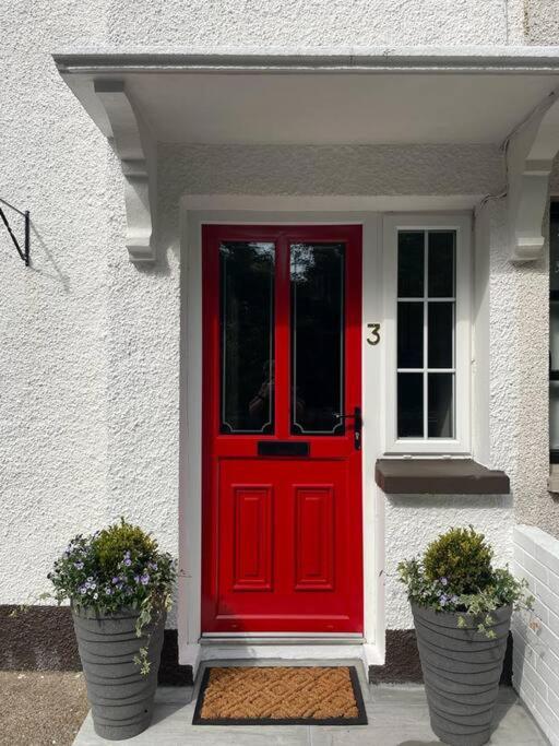 CastledawsonMillview Cottage的白色房子的红色门,两棵植物