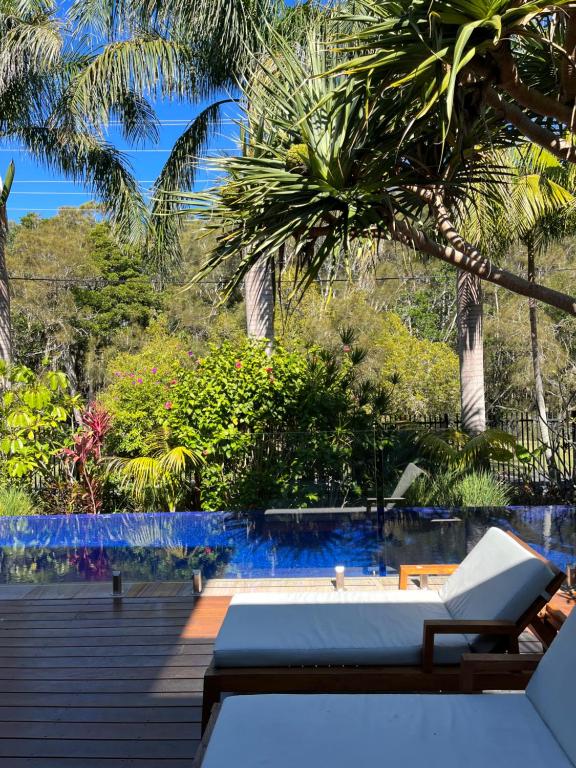 拜伦湾Away Guesthouse- Away on Shirley Lane的一个带躺椅和棕榈树的游泳池