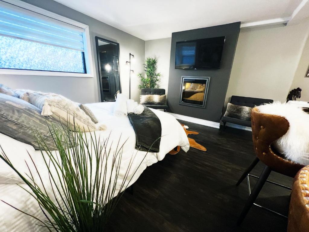 伦敦Stylish Boutique Studio的一间卧室配有一张床、一台电视和一张沙发