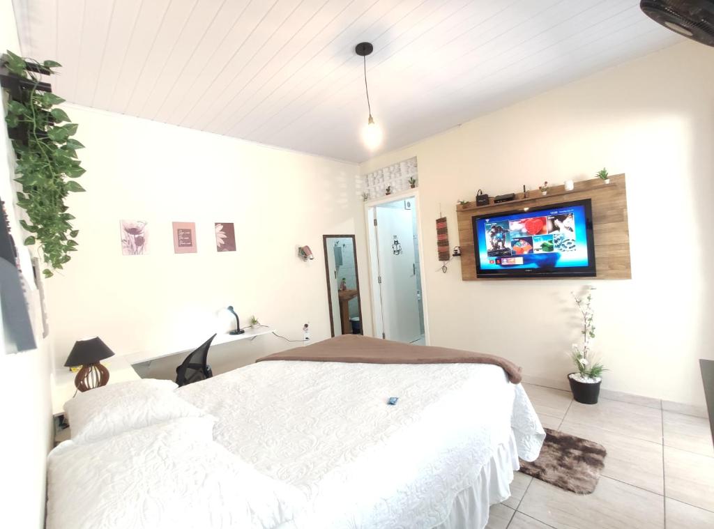 贝洛奥里藏特Kitnet Sol - Mobiliada的卧室配有一张床,墙上配有电视。