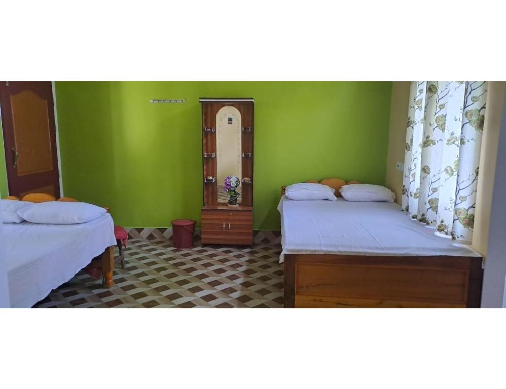 Jyoti GaonMyna Eco Camp, Raghabbil, Assam的绿墙客房内的两张床