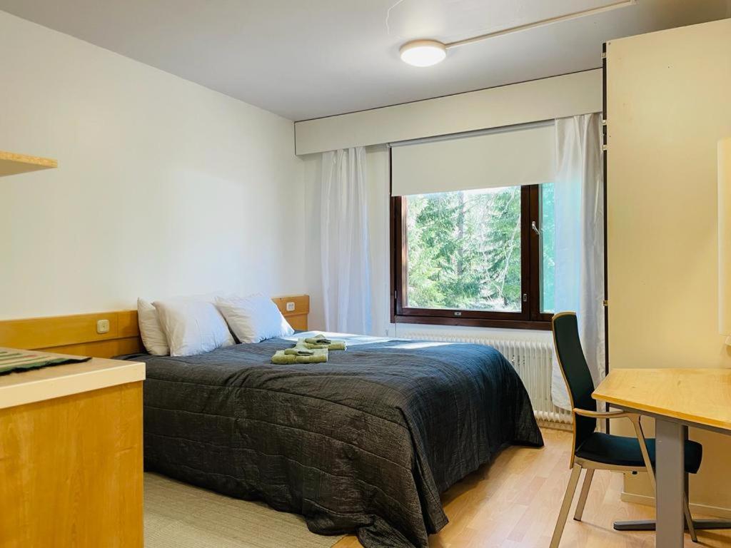 YlöjärviVoionmajoitus Soihtu的一间卧室配有一张床、一张桌子和一个窗户。