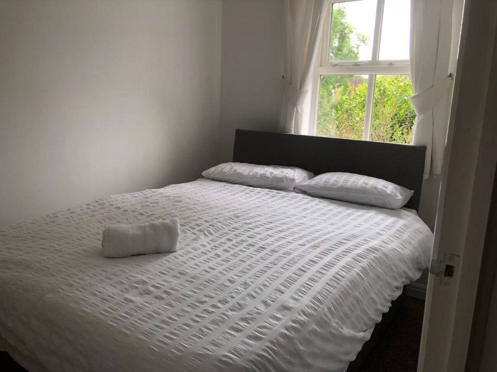 斯肯索普Bluebell House 2 bedroom with parking and garden的一张带两个枕头的白色床和窗户