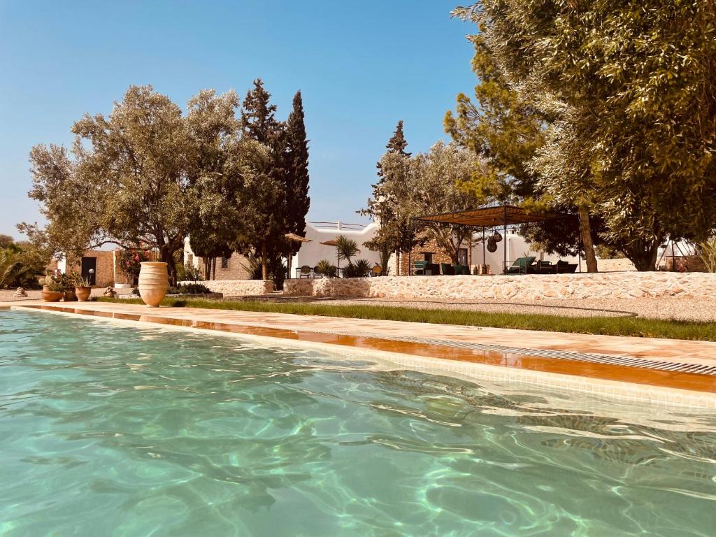 索维拉Villa Des Arganiers的一座位于庭院的游泳池,庭院里种着树木,房子里