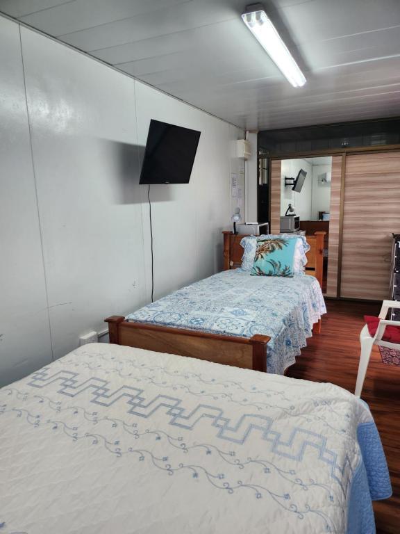 Alto BoqueteBonvivant Boquete的一间卧室配有两张床和一台平面电视