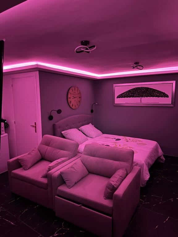巴涅奥莱Sweet home的紫色的客房配有一张床和一张沙发