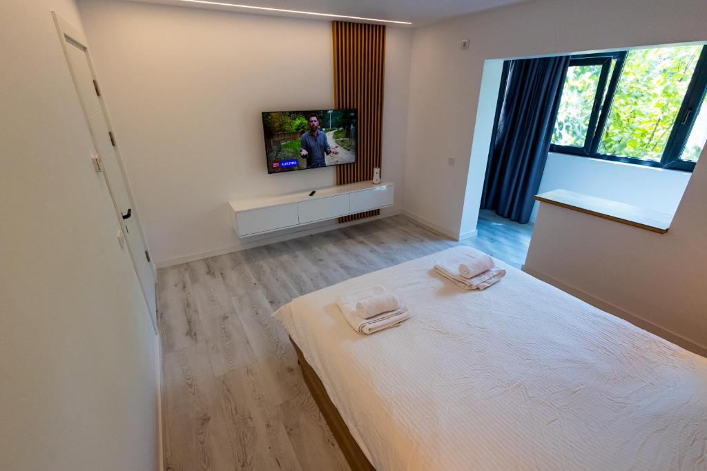 特尔戈维什泰MODERN PREMIUM APARTMENT 1的一间卧室配有一张床,墙上配有电视