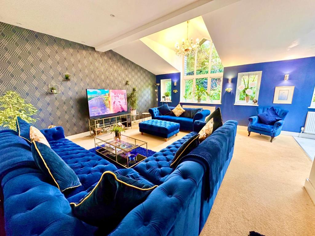 阿斯克PENDERI HOUSE USK SOUTH WALES的客厅配有蓝色的沙发和电视