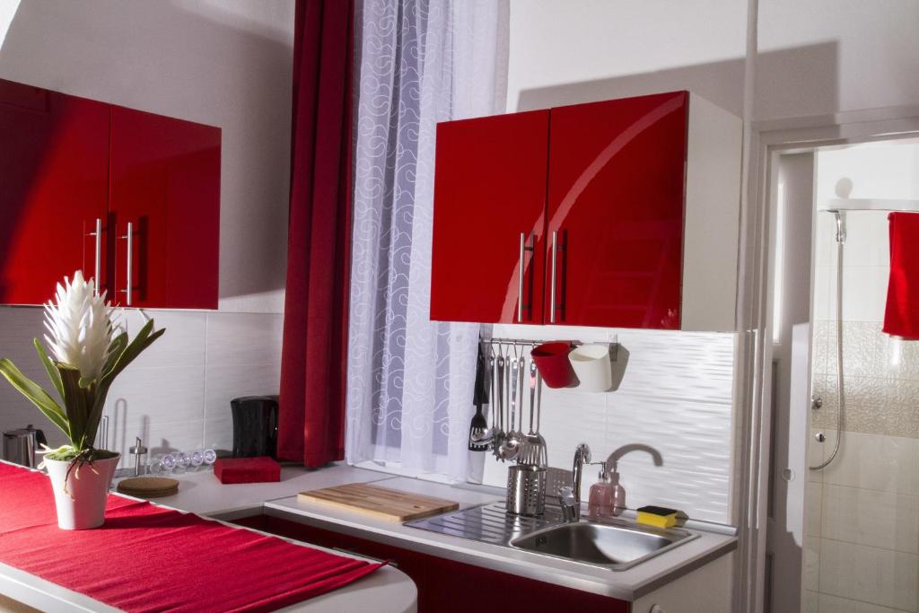 布达佩斯卡尔曼公寓的一间带红色橱柜和水槽的厨房