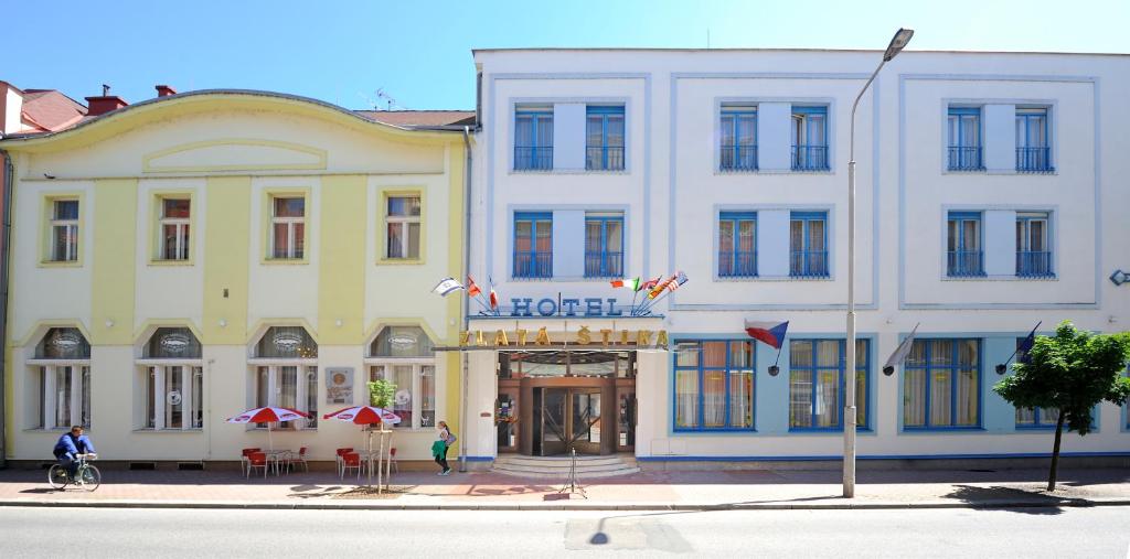 帕尔杜比采兹拉塔斯提卡酒店的前面有标志的大型白色建筑