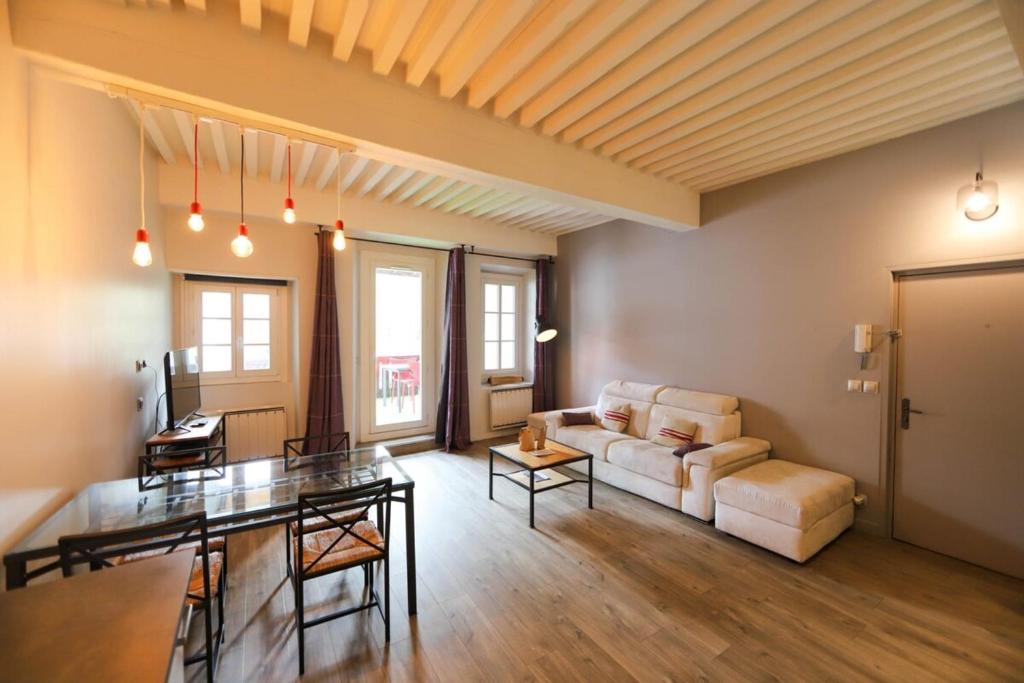 安锡55 m2 Apart with big terrace in Annecy downtown的客厅配有沙发和桌子