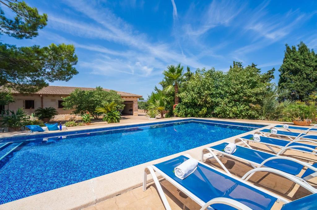 坎皮卡福特Ideal Property Mallorca - Can Ribas的庭院内带躺椅的游泳池