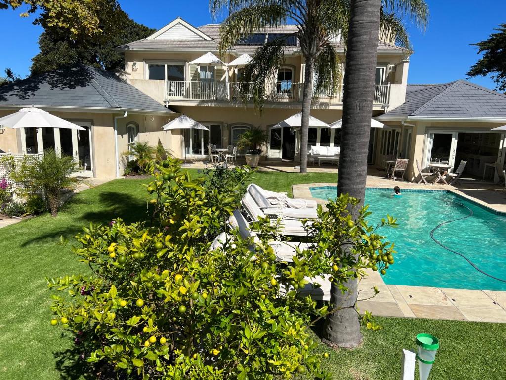 开普敦康斯坦提亚谷山林小屋的一座带游泳池和棕榈树的房子
