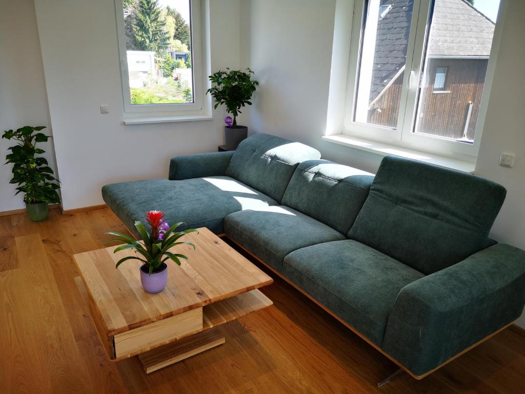 格拉茨Cosy Apartment next to the center of Graz的客厅配有绿色沙发和桌子