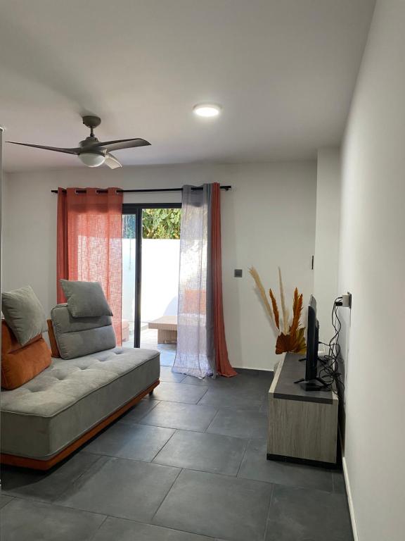 埃唐萨莱莱班海滩Appart Océan的带沙发和窗户的客厅