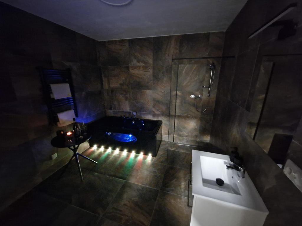 伊钦Apartmán Anežka 3 s vířivou vanou的带淋浴、盥洗盆和镜子的浴室