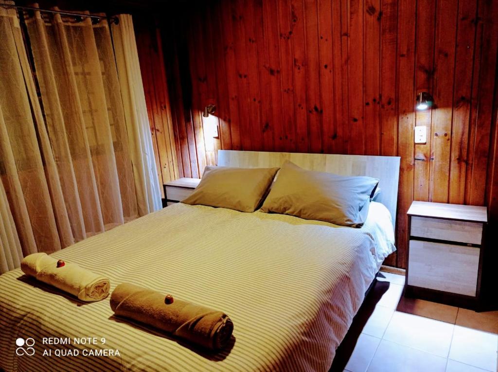 卡尔德拉Suite Loreto的一间卧室配有一张带木墙的大床