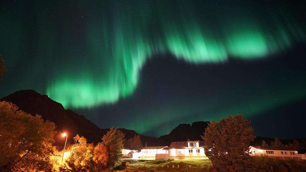 索尔瓦根罗弗敦行星基地营旅馆的天空中一片光明,在树屋上