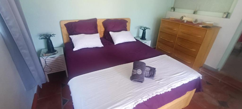 KoungouLes jardins d'Agadir的一间卧室配有一张铺有紫色和白色床单的床