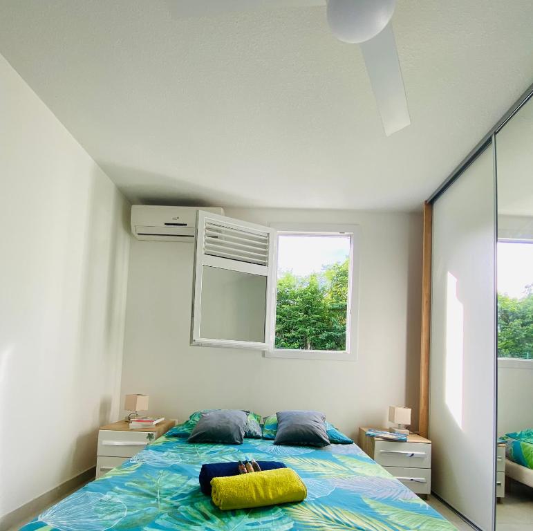 圣吕斯L’Appart Watalibi的一间卧室设有一张床和一个窗口
