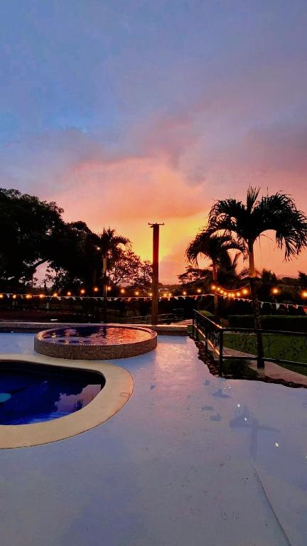 San JoséQuinta El Molino的棕榈树背景的游泳池享有日落美景