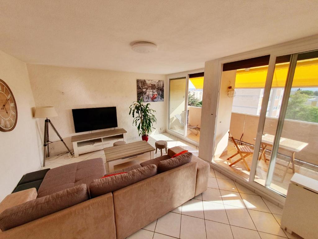 马里尼亚讷Appart 70m² plein sud的带沙发和电视的客厅
