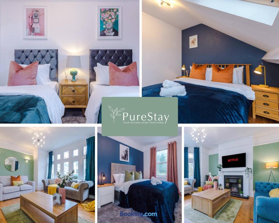 巴斯Incredible Five Bedroom House By PureStay Short Lets & Serviced Accommodation Central Bath With Parking的照片拼贴的酒店房间