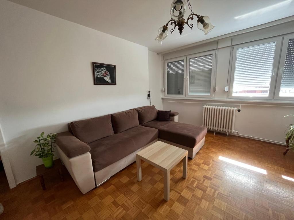 贝尔格莱德Confluence Apartment的客厅配有沙发和桌子
