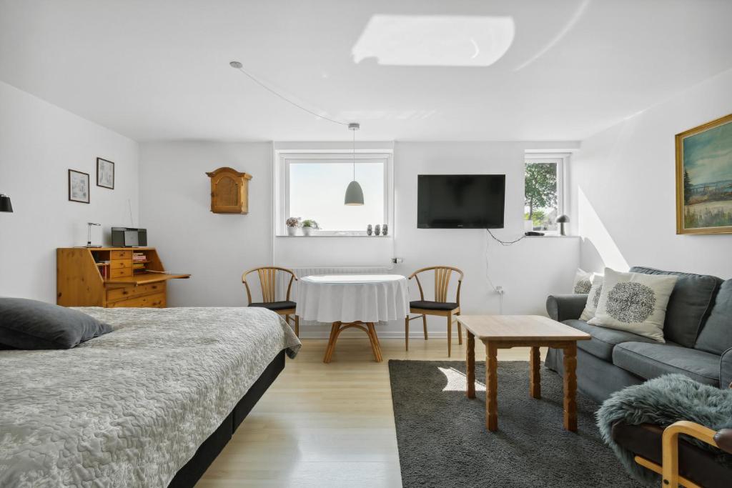 斯文堡Kastanievejens overnatning的客厅配有床、沙发和桌子