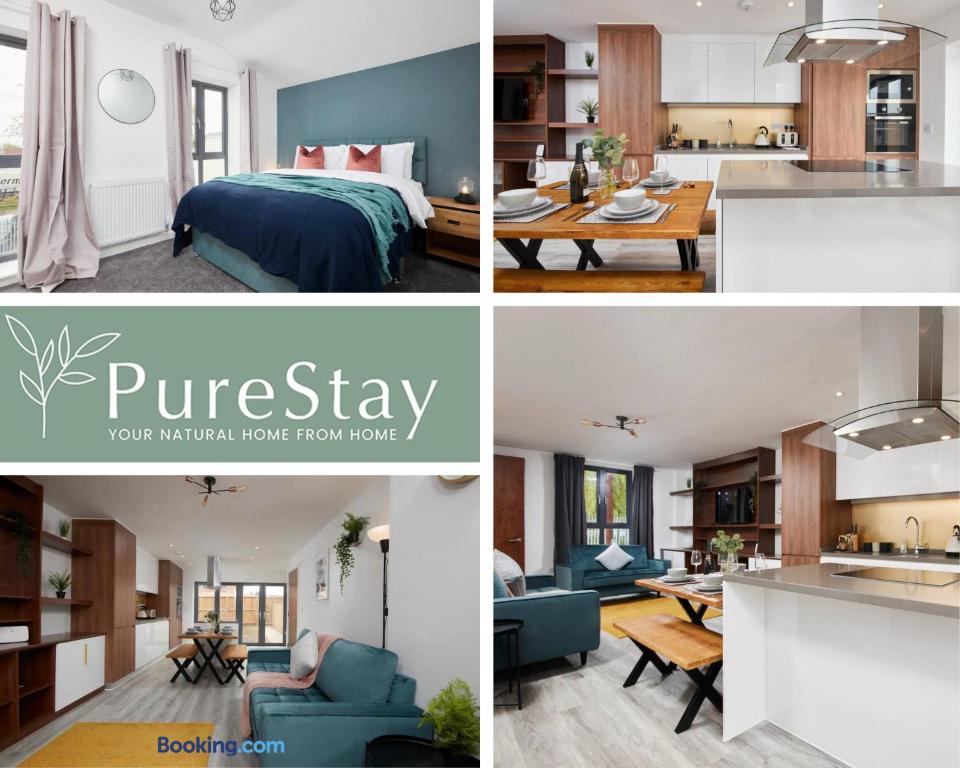 曼彻斯特Stunning 5 Bed House By PureStay Short Lets & Serviced Accommodation Manchester With Parking的卧室和客厅的照片拼合在一起