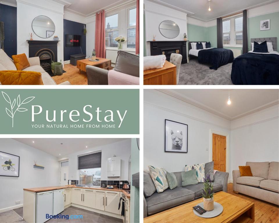 布雷得佛Stunning Four Bedroom House By PureStay Short Lets & Serviced Accommodation Bradford With Parking的客厅和卧室三幅画的拼合物