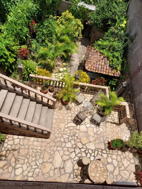 科潘玛雅遗址阶梯住宿加早餐旅馆的享有花园的顶部景色,花园内种有长椅和植物