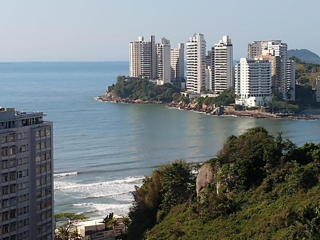 瓜鲁雅Apto Guarujá Pitangueiras的享有城市高楼和大海的景致