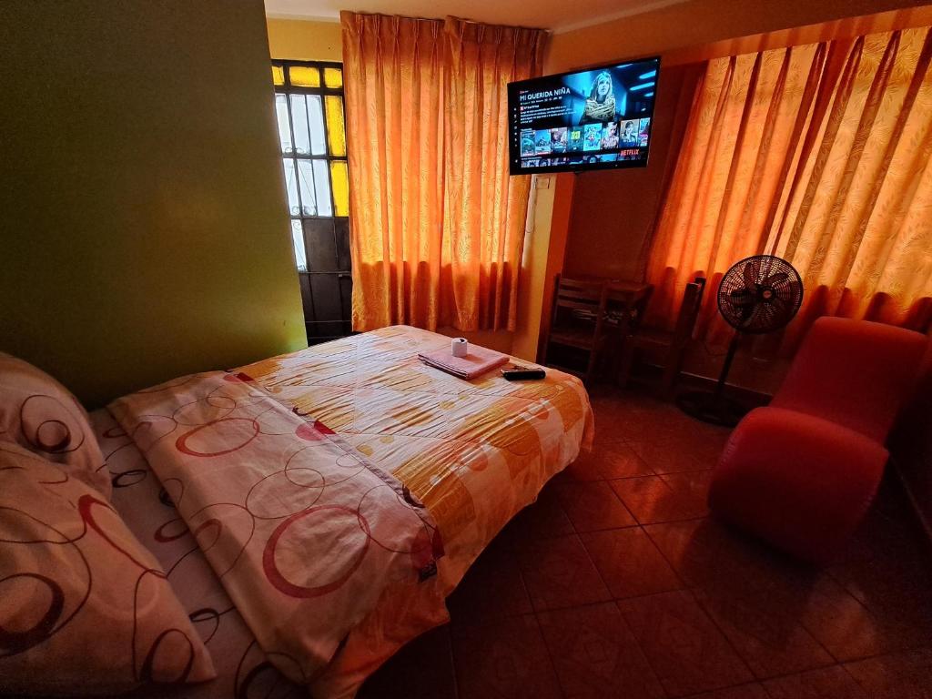 利马Hospedaje Leo的一间卧室配有一张床和一台平面电视