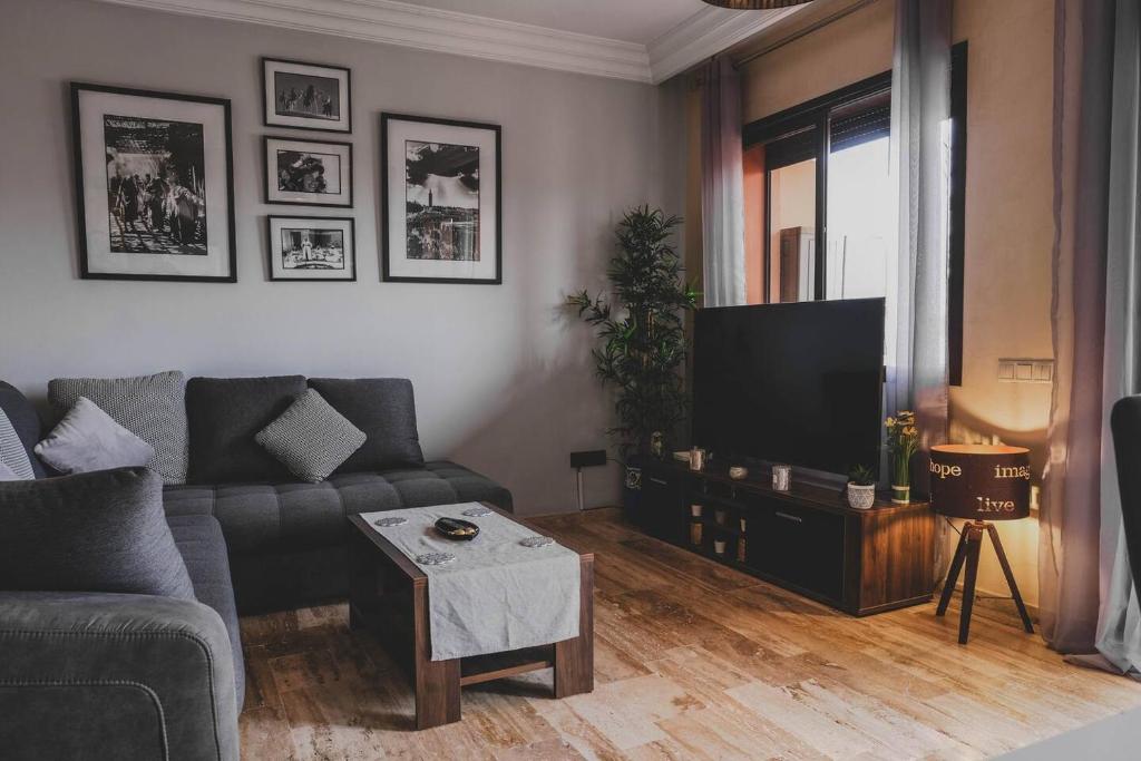马拉喀什Magnifiaue appart的带沙发和电视的客厅