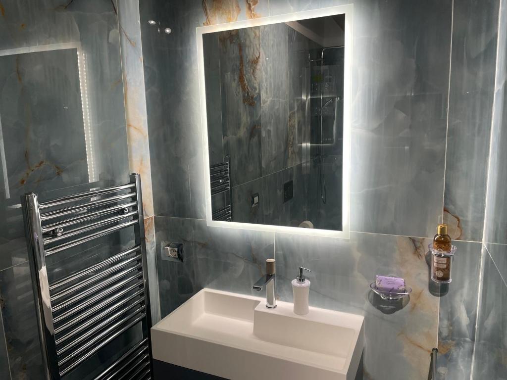 博洛尼亚Suite Indipendenza 58的浴室设有白色水槽和镜子