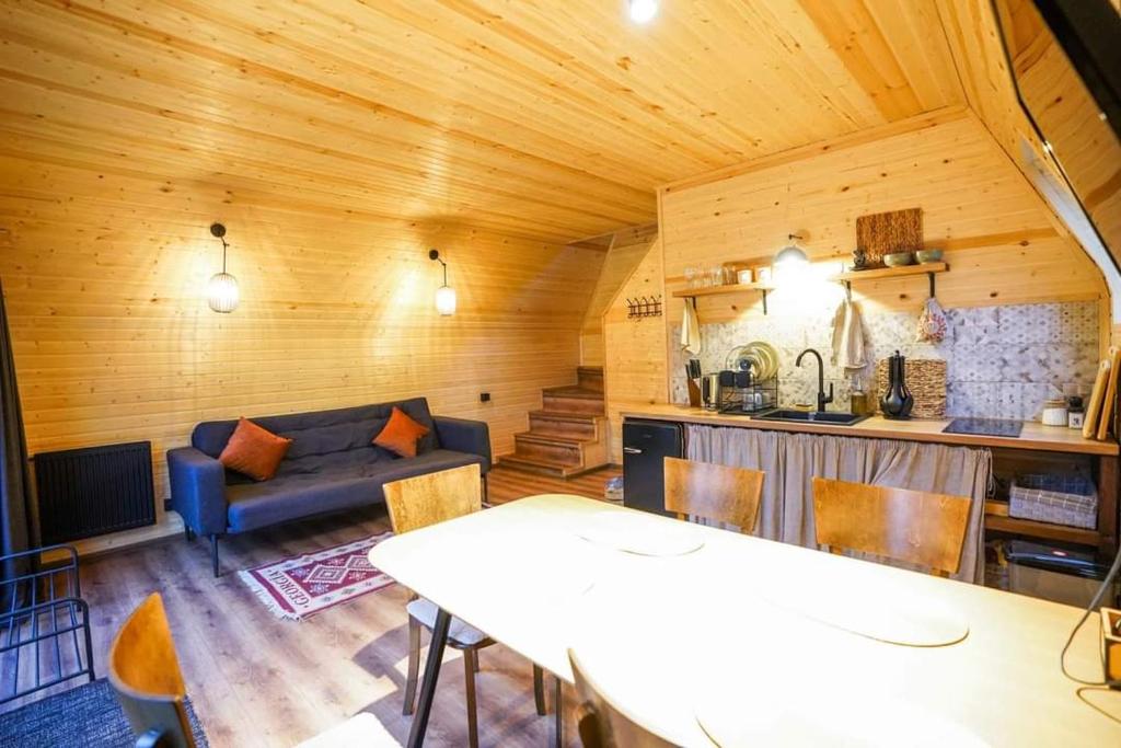 卡兹贝吉Kazbegi Spa Resort Cottages的客厅配有沙发和桌子