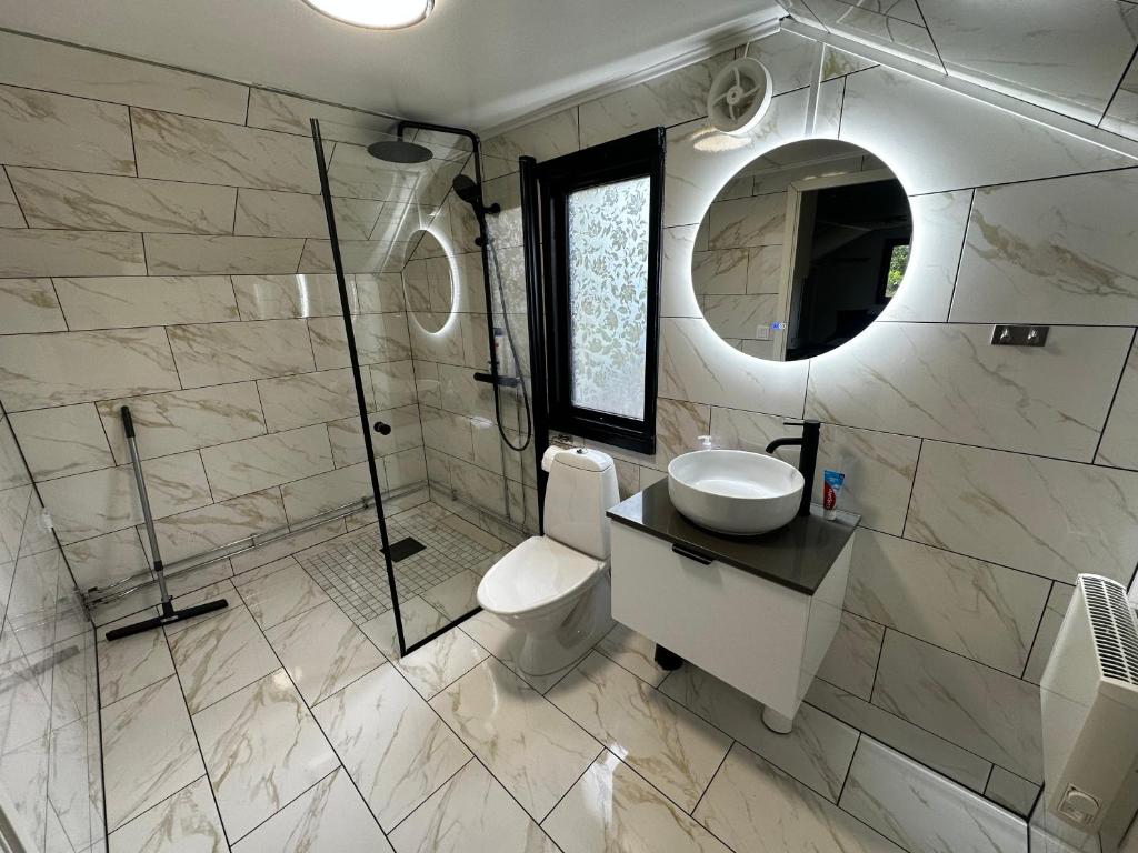 布罗斯independent apartment near citycenter/lake的一间带卫生间、水槽和镜子的浴室