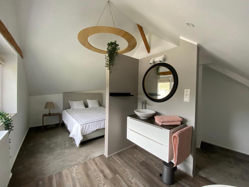 MartelangeRésidence du mini jardin的一间卧室配有床、镜子和水槽