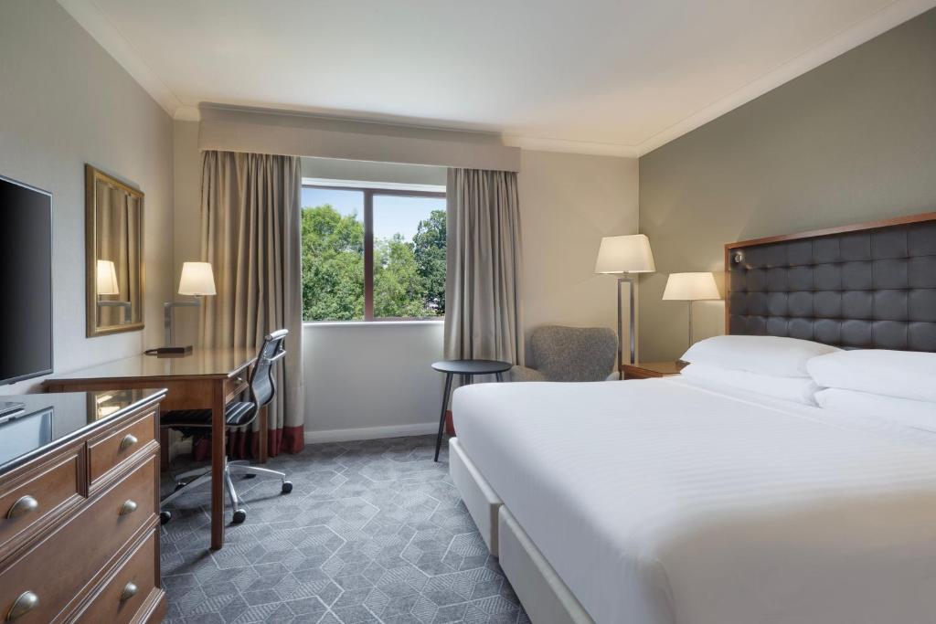 沃尔瑟姆阿比Delta Hotels by Marriott Waltham Abbey的配有一张床、一张书桌和一扇窗户的酒店客房