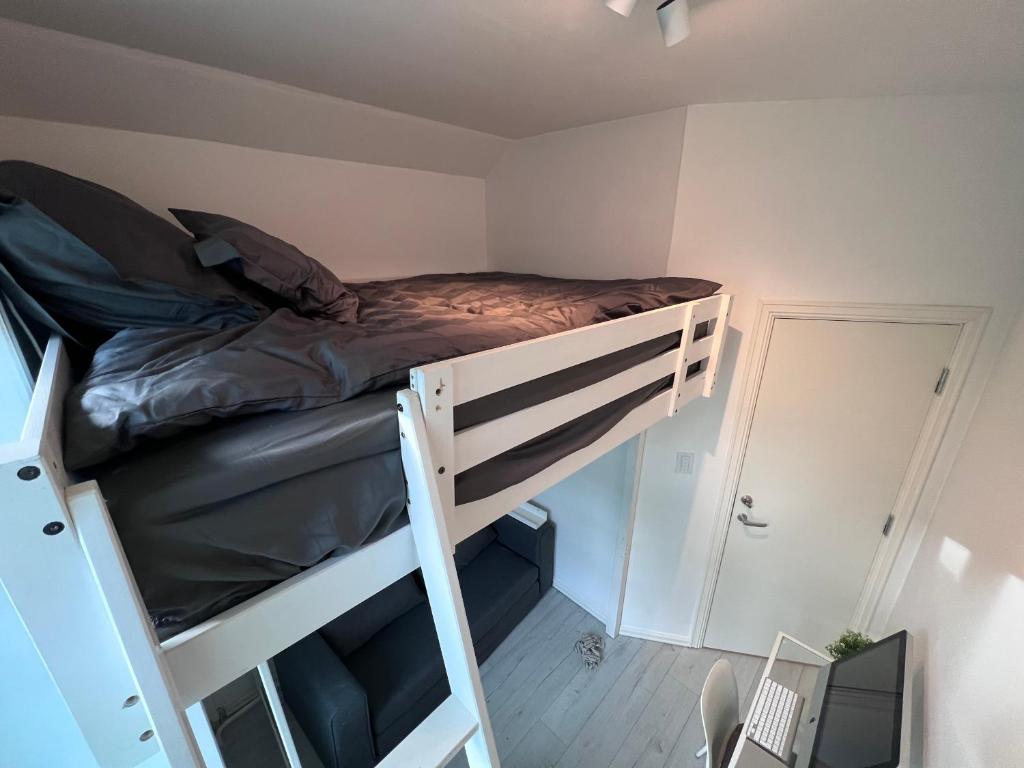 奥斯陆Cozy room with smart solutions Grunerløkka Central的配有梯子的小客房内的双层床
