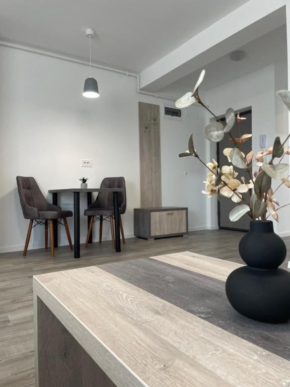 蒂米什瓦拉Comfort & Luxury Apartaments PNMresidence的一张桌子上花的黑色花瓶
