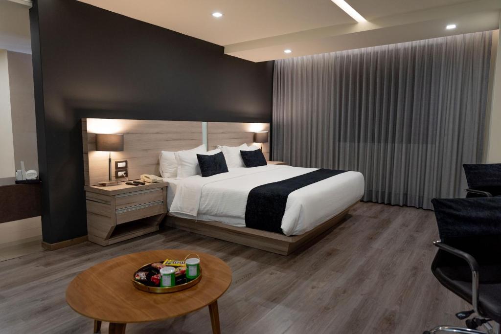 克雷塔罗杜蒙酒店的酒店客房配有一张床铺和一张桌子。