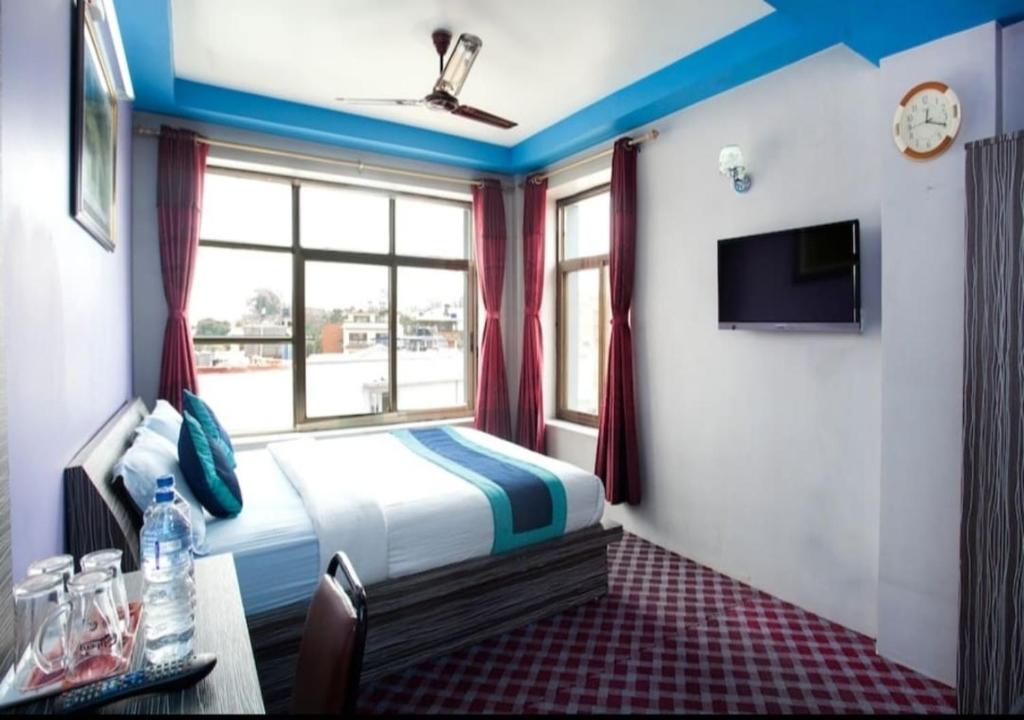 加德满都Three Brothers Apartment and Hotel的酒店客房设有床和窗户。