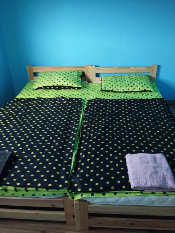 布达佩斯Csontváry27 apartman的一张带黑色和绿色棉被的床