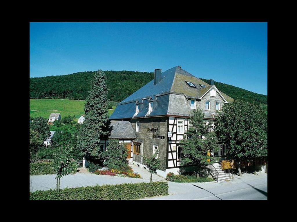 施马伦贝格Gasthof Heimes的山丘上一座带黑色屋顶的大房子