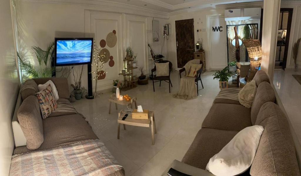 艾恩شقة مفروشة في المسعودي的客厅配有两张沙发和一台电视机
