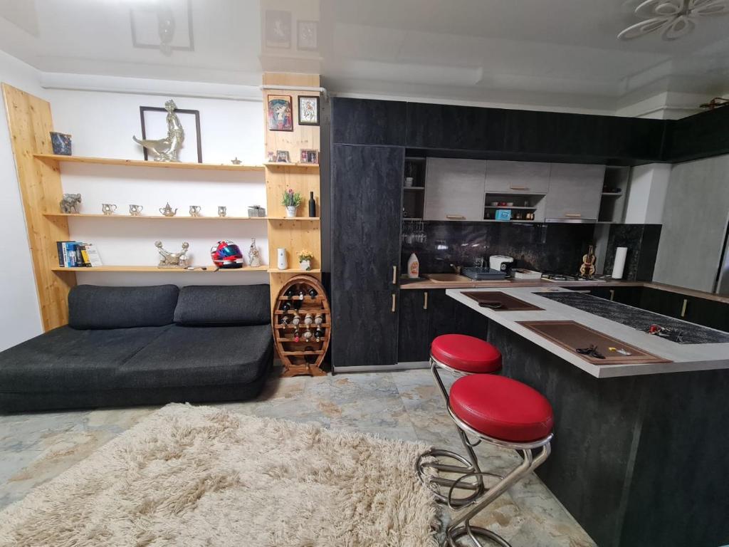 Valea AdîncăLuxury Flat Nicol的客厅配有黑色沙发和红色凳子