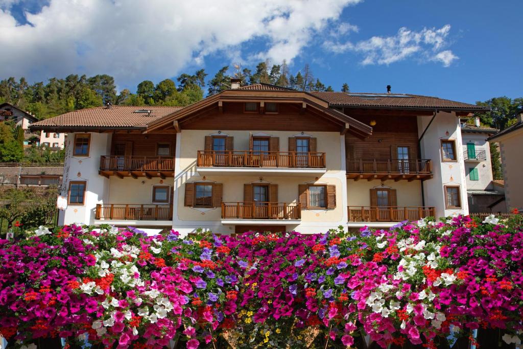 卡瓦莱塞Residence Garni Manuela的前面有鲜花的房子