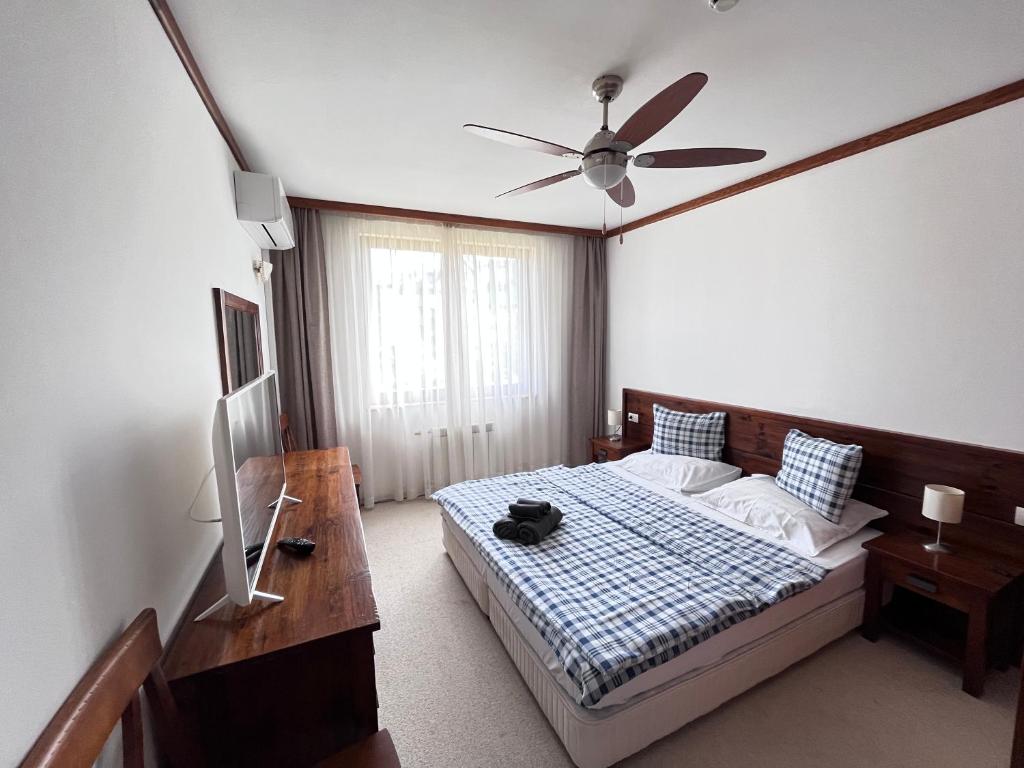 班斯科Private Spa Luxury apartments的一间卧室配有一张床和吊扇